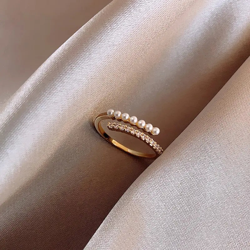 Gold open ring with pearl and rhinestones – front view | Dainty Diana