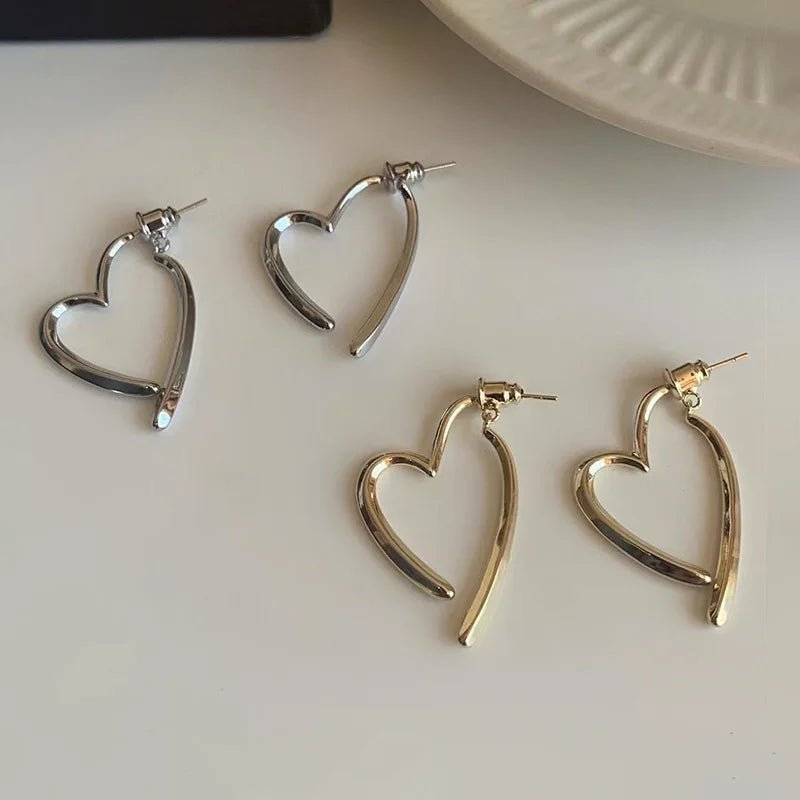 Heart Drop Earrings – Smooth Metal Dangle in Gold or Silver, Lightweight & Elegant - Dainty Diana