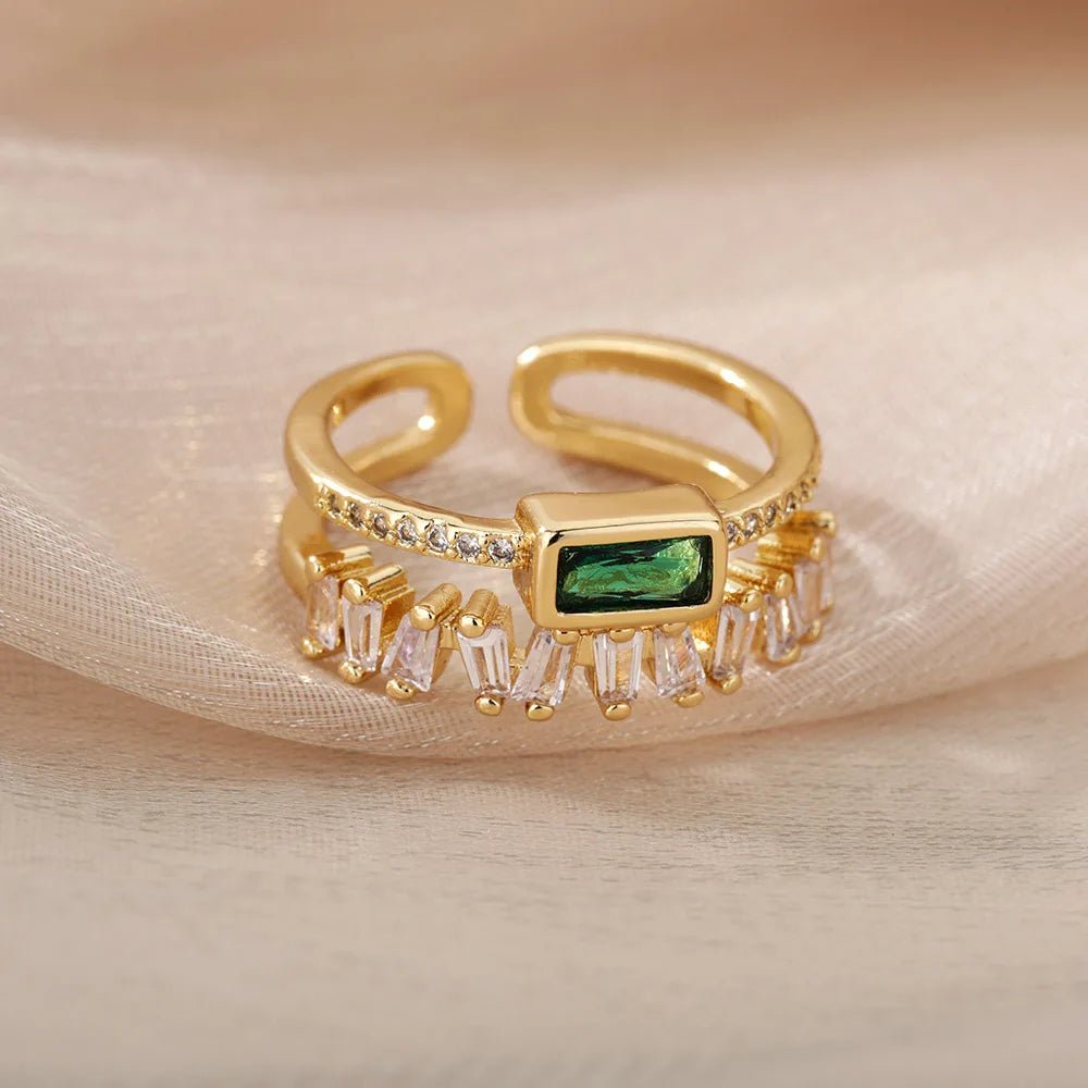 Soft Gold Adjustable Ring with Green Zircon and Layered Curves