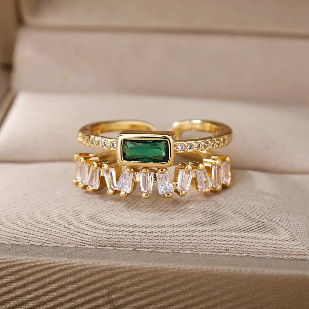 Elegant Adjustable Ring with Green Gemstone and Layered Design