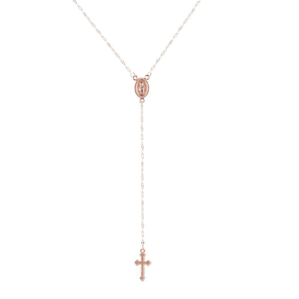 Vintage cross rosary necklace in soft gold – front view | Dainty Diana