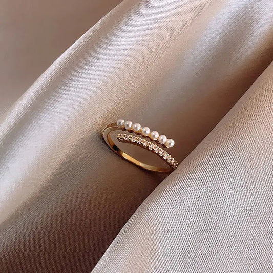 Gold open ring with pearl and rhinestones – front view | Dainty Diana