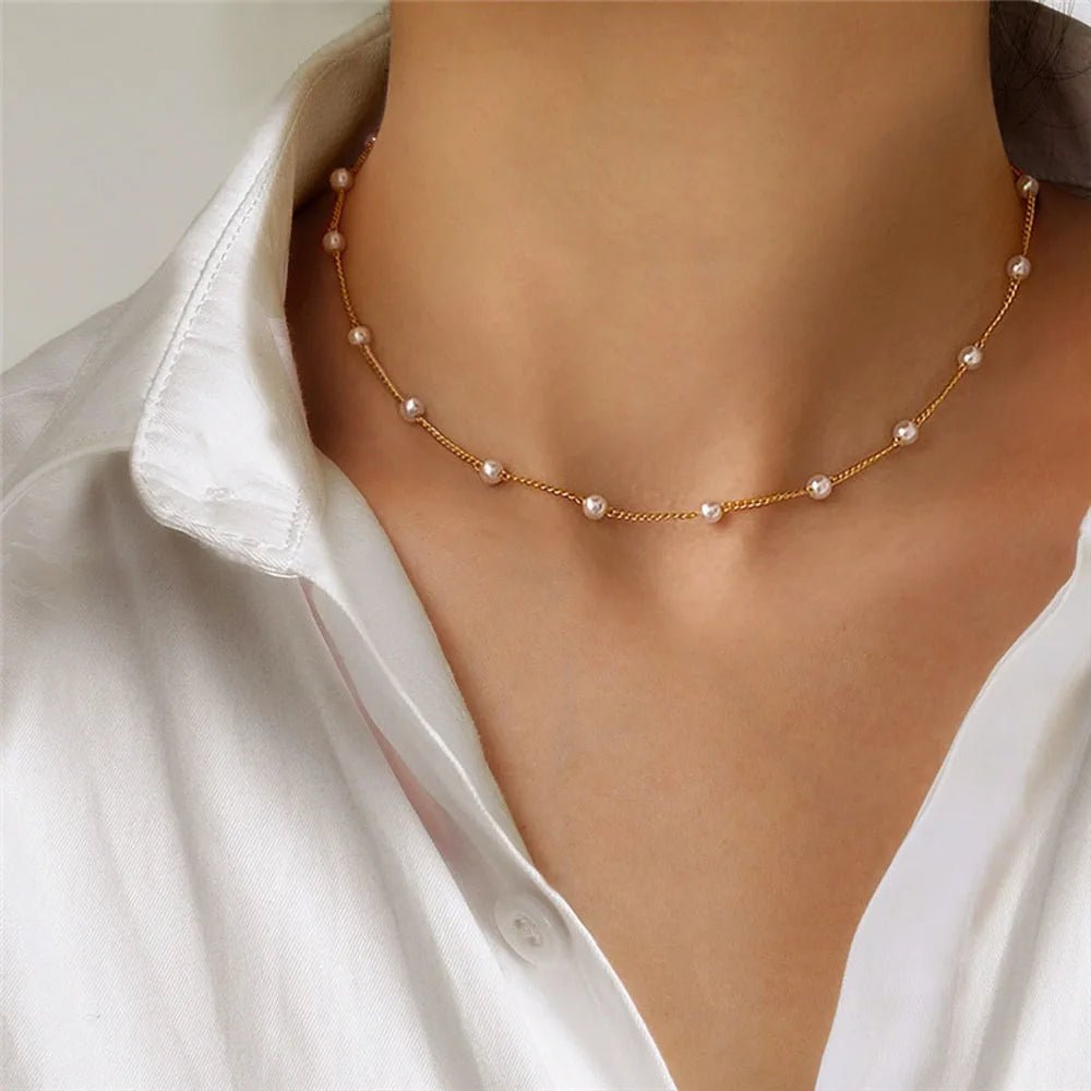 Lace pearl choker necklace with soft gold accent – front view | Dainty Diana
