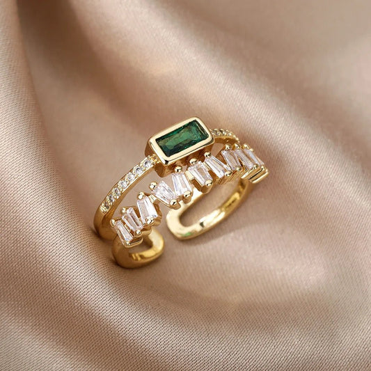 Green Zircon Double Layer Ring in Gold-Plated Stainless Steel