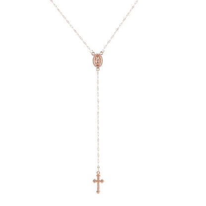 Vintage cross rosary necklace in soft gold – front view | Dainty Diana